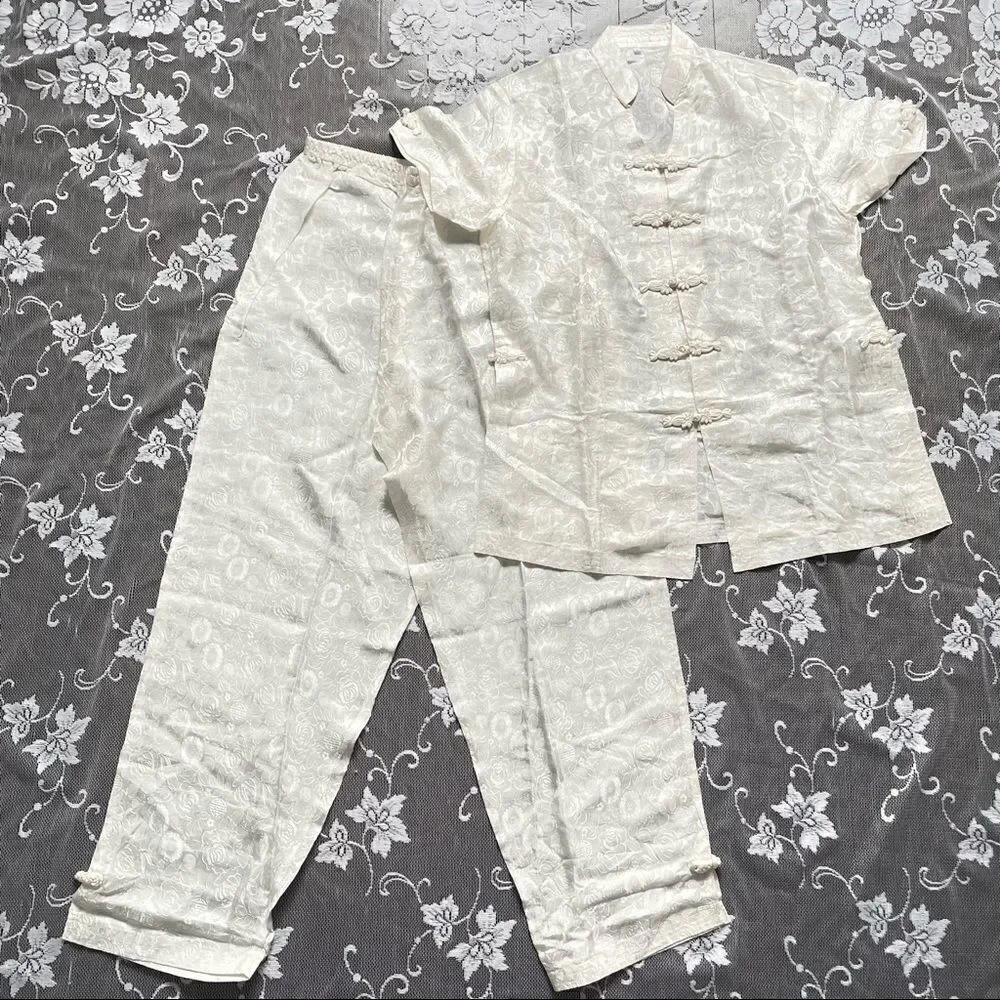 Asian 2 Piece Silky White Pyjama Set - Picture 2 of 16